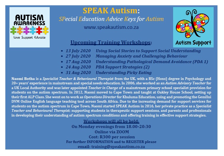 2020 SPEAK Autism Online Workshops July-Aug